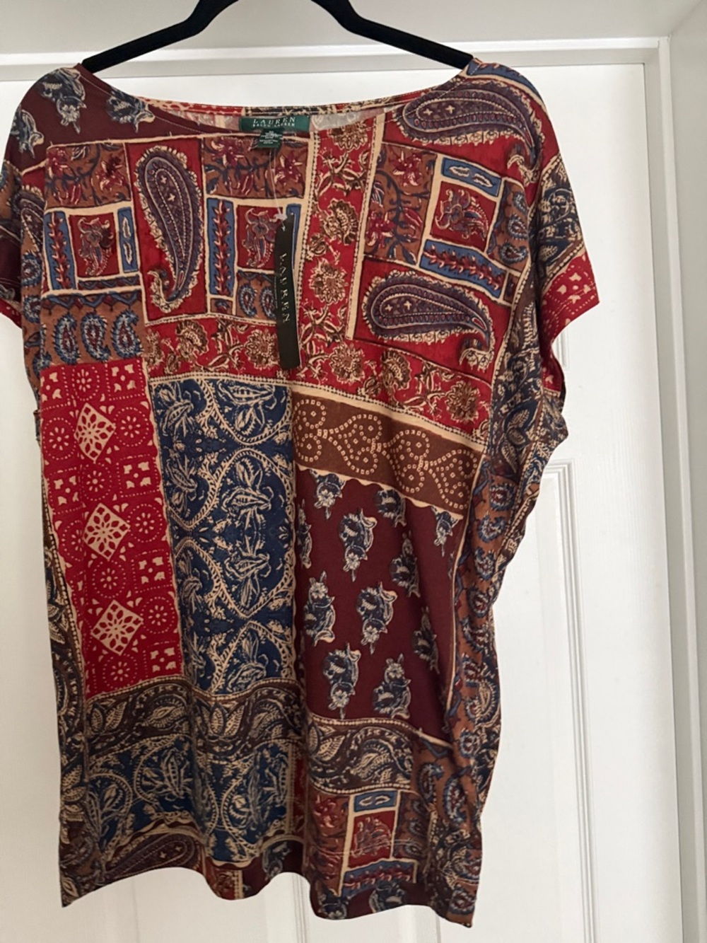Beautiful Lauren Ralph Lauren Red, Navy & Brown Patchwork Paisley Top.